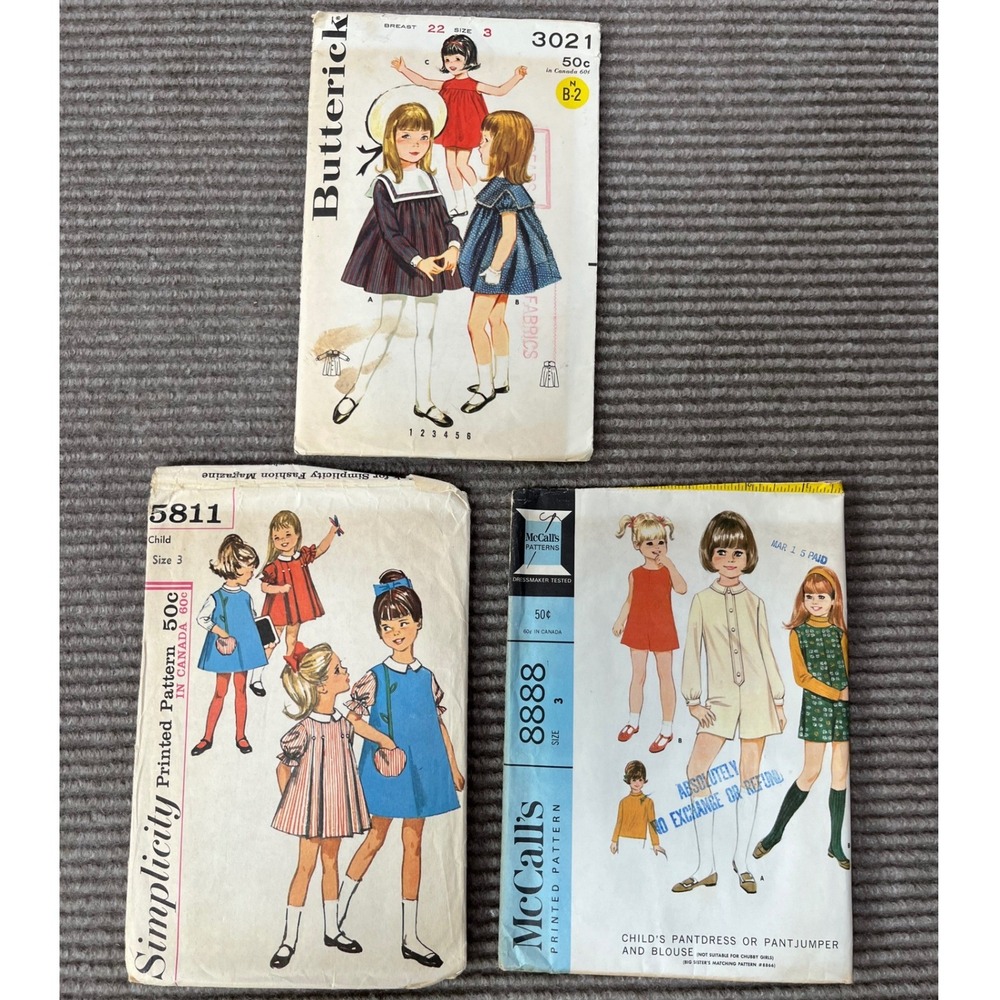 Vintage 1960s Girls Sewing Pattern Lot Size 3 Butterick Simplicity‎ McCall's Mod